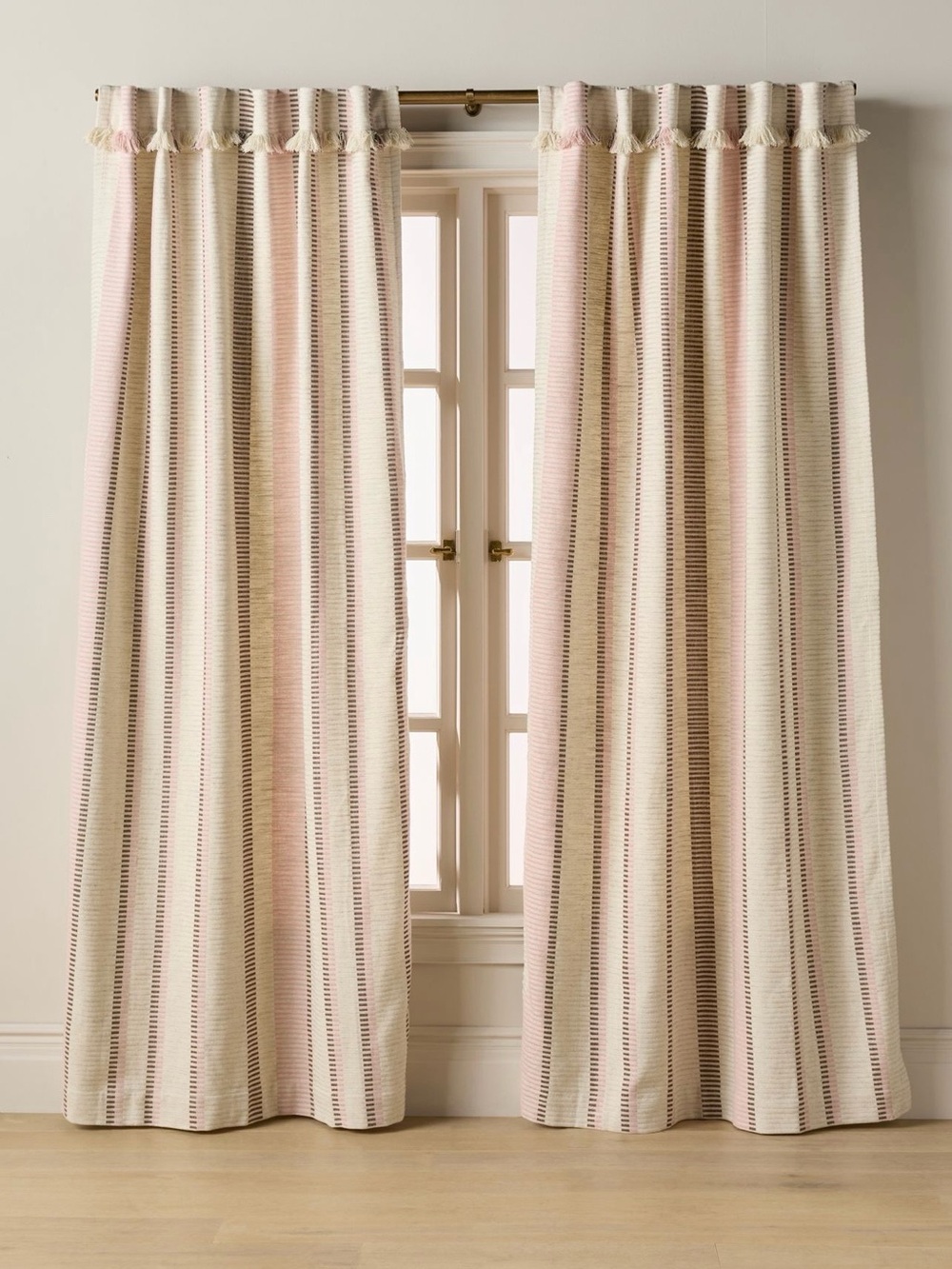 Anthropologie Pieced Stripe Cotton Blend Woven Curtain, Pink and Brown, 50x84